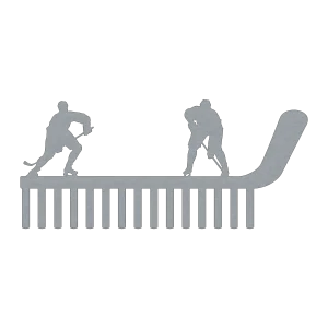 Steel medal holder shaped like a hockey stick, featuring two hockey players on top. Includes 15 hooks for hanging medals or items.